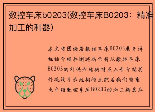 数控车床b0203(数控车床B0203：精准加工的利器)